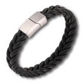 Multilayer braided black leather punk bracelet with stainless steel magnetic clasp - Black Leather + White Buckle / 19cm