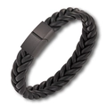 Detail of multi-layer black braided leather bracelet with matte black magnetic clasp - Black Leather + Black Buckle