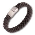 Deep brown braided leather multilayer bracelet with a brushed metal magnetic clasp for men - Coffee Leather + White Buckle / 19cm