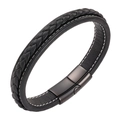 Men's minimalist black braided leather bracelet with titanium steel buckle and stitching - 20.5cm / Black
