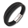 Detail shot of multi-layer black braided leather men's bracelet with polished metal clasp - Black + White Buckle / 19cm