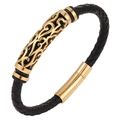 Men's 6mm black braided leather bracelet with gold engraved stainless steel magnetic clasp - 20.5cm / Gold