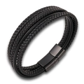 Men's multilayer braided black leather bracelet with magnetic black metal clasp - Small / Black (Black Buckle)