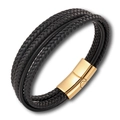 Detailed view of multilayer black woven leather bracelet with a gold magnetic clasp - Black (Gold Buckle)