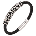 Men's 6mm black braided leather bracelet with hollow stainless steel magnetic clasp - 20.5cm / Steel