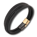 Detail of multi-layer braided black leather bracelet with gold and black steel clasp - Black (Black Gold Buckle)