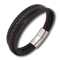 Detail view of multi-layer braided leather bracelet with magnetic stainless steel clasp - Small / Brown (Silver Buckle)