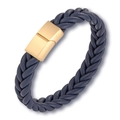 Close-up of deep blue braided leather bracelet with golden magnetic stainless steel clasp - Blue Leather + Gold Buckle
