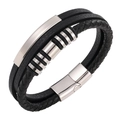 Men's multi-layer braided black leather bracelet with stainless steel rings and magnetic clasp - 20.5cm / Black Leather with Steel Accents