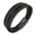 Detail of multi-layer braided leather bracelet with black magnetic metal clasp - Brown (Black Buckle)