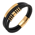 Men's multi-layer black braided leather bracelet with golden stainless steel magnetic clasp - 20.5cm / Black Leather with Gold Accents
