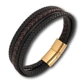 Detail of multi-layer braided leather bracelet with gold magnetic stainless steel clasp - Brown (Gold Clasp)