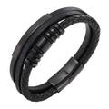 Men's multilayer black braided leather bracelet with magnetic metal clasp on white background - Black Leather with Black Accents