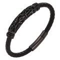 Men's 6mm black braided leather bracelet with hollow pattern metal tube and magnetic clasp - 20.5cm / Black