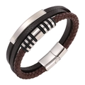 Men's multilayer braided leather bracelet with polished silver metal tube and magnetic clasp - 20.5cm / Coffee Leather with Steel Accents