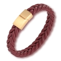 Detail of burgundy braided leather bracelet featuring a brushed gold magnetic metal clasp - Red Leather + Gold Buckle