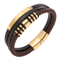 Men's multi-layer braided leather bracelet with gold stainless steel beads and magnetic clasp - 20.5cm / Coffee Leather with Gold Accents