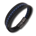 Detail of multi-layer black and blue woven leather bracelet with matte black metal clasp - Blue (Black Clasp)