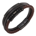 Detail of multi-layer brown braided leather bracelet with black metal magnetic clasp - Coffee Leather with Black Accents