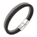 Bracciale da uomo a doppio filo in pelle nera e cordoncino in maglia d'acciaio grigio argento - 20.5cm / Bianco