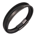 Bracciale multistrato nero da uomo in pelle e corda con barra in metallo opaco - 19cm / Nero
