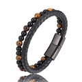 Zweischichtiges Herrenarmband aus schwarzem Leder mit Tigerauge-Steinen und Magnetverschluss - 18.5cm / Gelbes Tigerauge
