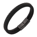 Bracciale da uomo in pelle intrecciata a doppio strato nero opaco con chiusura metallica - 20.5cm / Nero