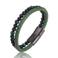 Detailed close-up of double-layer leather and green tiger eye stone bracelet with magnet clasp - 18.5cm / Green Green Tiger Eye