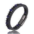 Herren Armband aus zweilagigem Leder mit natürlichen Tigerauge-Steinen und Magnetverschluss - 18.5cm / Lapislazuli