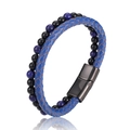 Detail of blue braided leather and natural blue stone beads with black magnetic clasp - 18.5cm / Blue Lapis Lazuli