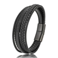 Handmade multilayer black woven leather bracelet with black magnetic stainless steel clasp - 19cm / Black