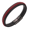 Men's minimalist braided leather bracelet in black and red with steel clasp - 20.5cm / Black and Dark Red Mixed