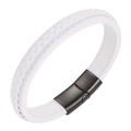 Braided white leather bracelet for men with black magnetic steel clasp closure - 20.5cm / White