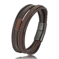 Men's multilayer braided brown leather bracelet with black magnetic stainless steel clasp - 19cm / Coffee