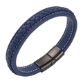 Deep blue woven leather men's bracelet with black magnetic clasp in minimalist style - 20.5cm / Dark Blue