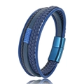 Multi-layer braided leather bracelet for men with dark blue magnetic steel clasp - 19cm / Blue