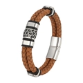 Men's double-layered brown woven leather bracelet with silver geometric metal buckle - 20.5cm / Earthy Yellow