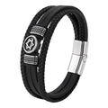 Multi-layer leather bracelet with Star of David charm and magnetic steel clasp - 20.5cm / Black
