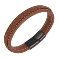 Men's brown woven leather bracelet with white stitching and black metal magnetic clasp - 20.5cm / Tan