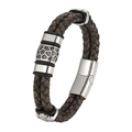 Men's double-layered dark brown braided leather bracelet with silver metal slide charms - 20.5cm / Vintage Grey