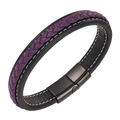 Men's woven leather bracelet with purple accent and black magnetic steel clasp - 20.5cm / Black and Purple Mixed