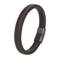 Men's double-tone braided leather bracelet with black matte magnetic metal clasp - 20.5cm / Black & Coffee Leather & Black Clasp