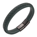 Deep green woven leather men's bracelet with dark grey metal magnetic clasp - 20.5cm / Dark Green