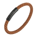 Men's braided brown leather bracelet with black matte magnetic buckle and clasp - 18.5cm (Inner Circumference) / Earthy Yellow