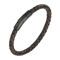 Men's braided dark brown leather bracelet with matte black magnetic metal clasp - 18.5cm (Inner Circumference) / Gray