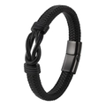 Men's retro punk black braided leather bracelet with infinity knot and magnetic metal clasp - 20.5cm / All Black