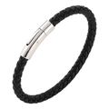 Minimalist black braided leather bracelet with polished stainless steel magnetic clasp - 19cm / Steel