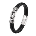 Men's braided black leather bracelet with silver metal knot and magnetic clasp closure - Black / 19cm