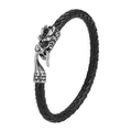 Men's leather braided bracelet with titanium dragon head clasp in stainless steel finish - Black / 19cm