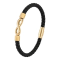 Men's black braided leather bracelet with golden infinity symbol and magnetic clasp - 19cm / Gold